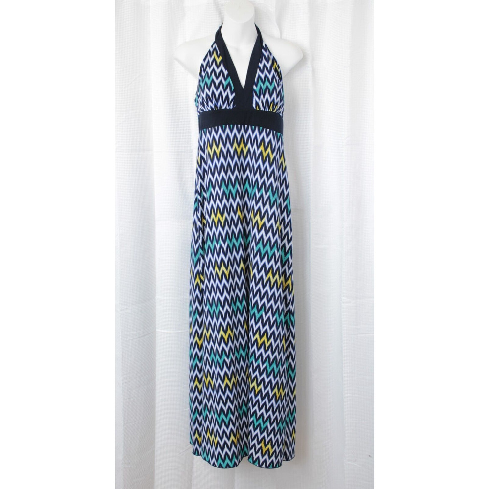 Enfocus Studio Maxi Halter Dress Women 10 Chevron Blue V Neck Tie Sleeveless